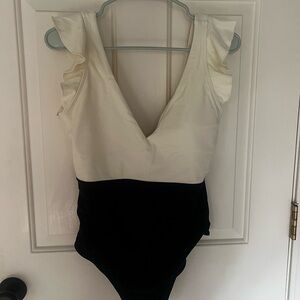 Elegant Cream and Black Ruffle Swimsuit